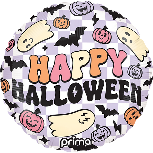 Prima 18" Round Happy Halloween Purple Checker Mylar Balloon